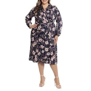 Maggy London Woman Floral Print Long Sleeve Midi Dress In Navy/ Cream Size 16W